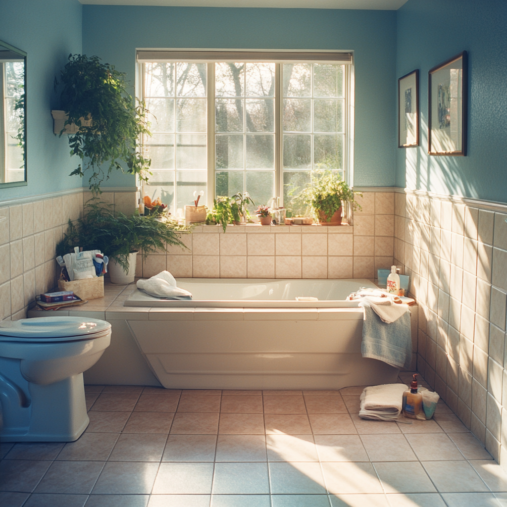 1980s style master bathroom in Washington, well-lit. Blue and tan decor, sunlight through windows. Shot on Fuji film.