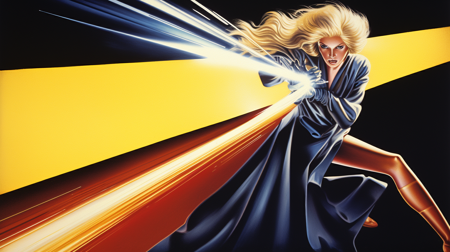 Blonde woman dodging lasers in 1980s movie poster