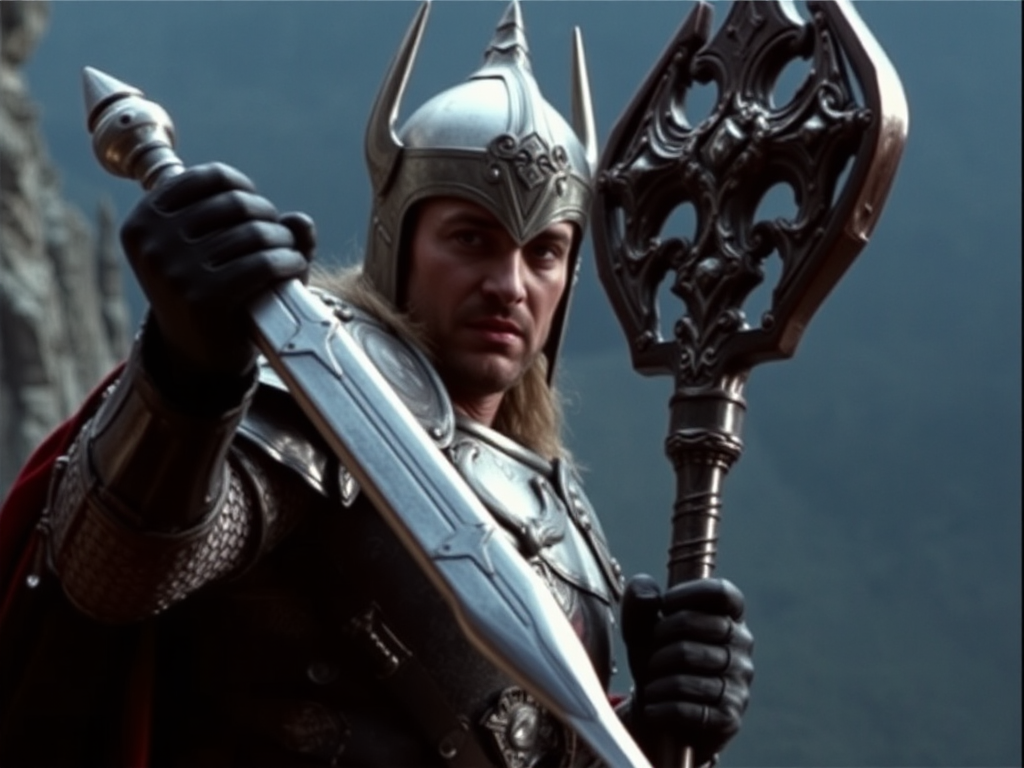 1982 dark fantasy film Excalibur, warrior holding hammer.