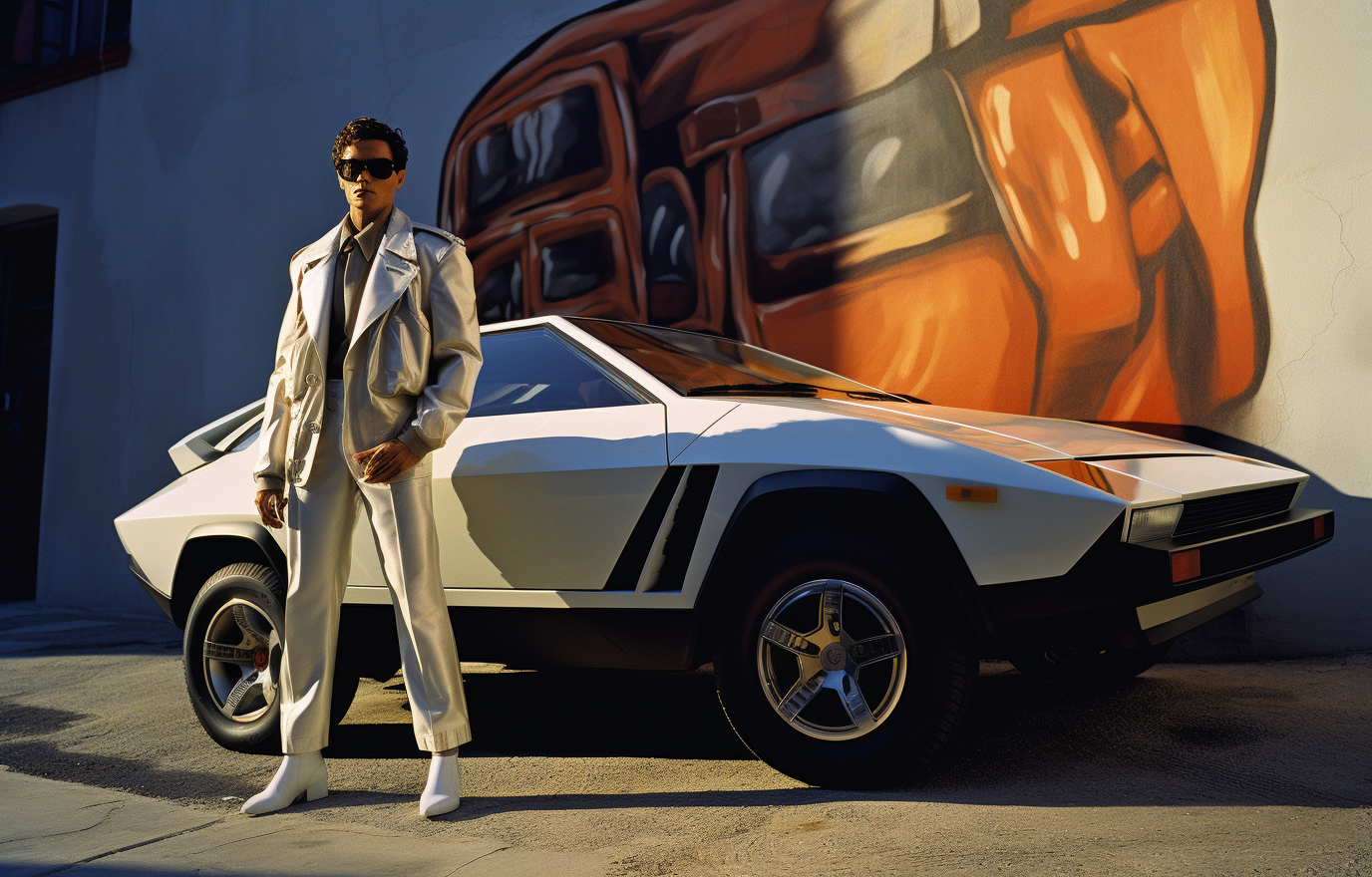 Man with trench coat and mullet standing beside 1989 Lamborghini Urus