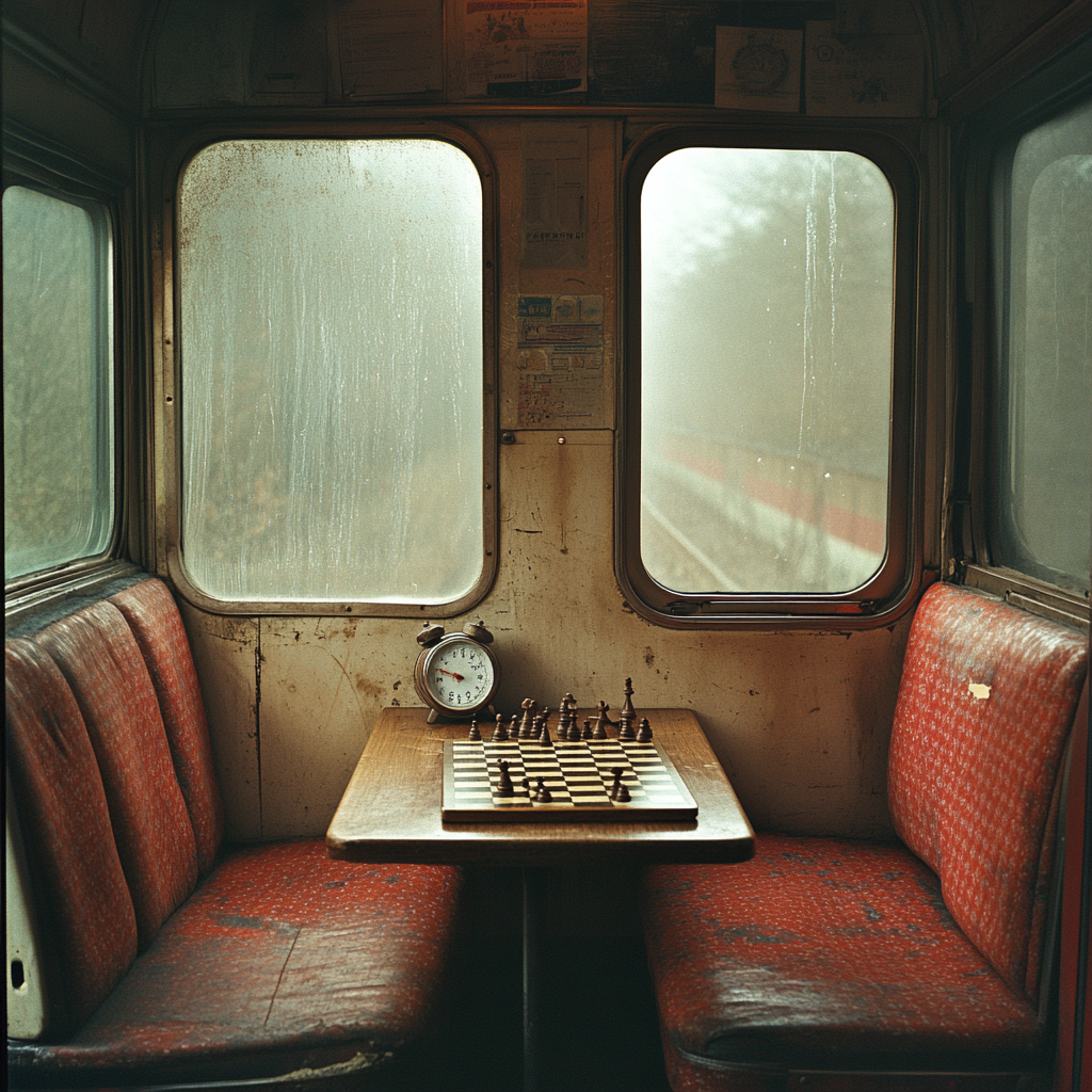 1990s Irish train carriage interior with chess clock timer.