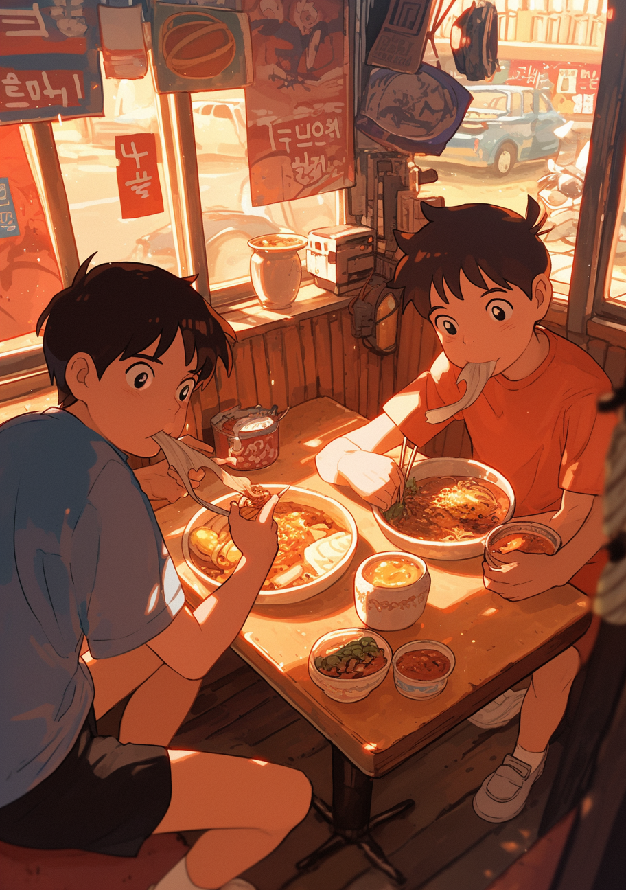 1990s anime style with boys eating in restaurant.