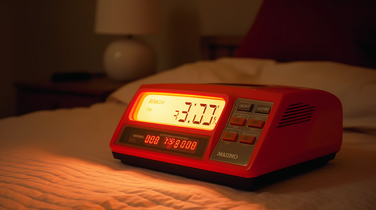 1990s digital alarm clock radio on bedside table.