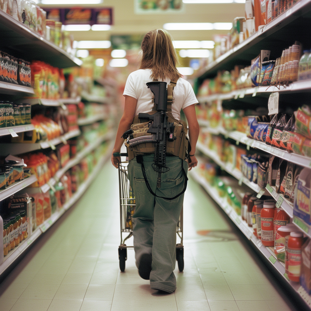 1990s grocery store woman shopping with M16