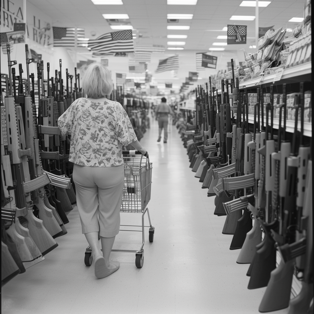 Woman shopping cart assault rifles in grocery store