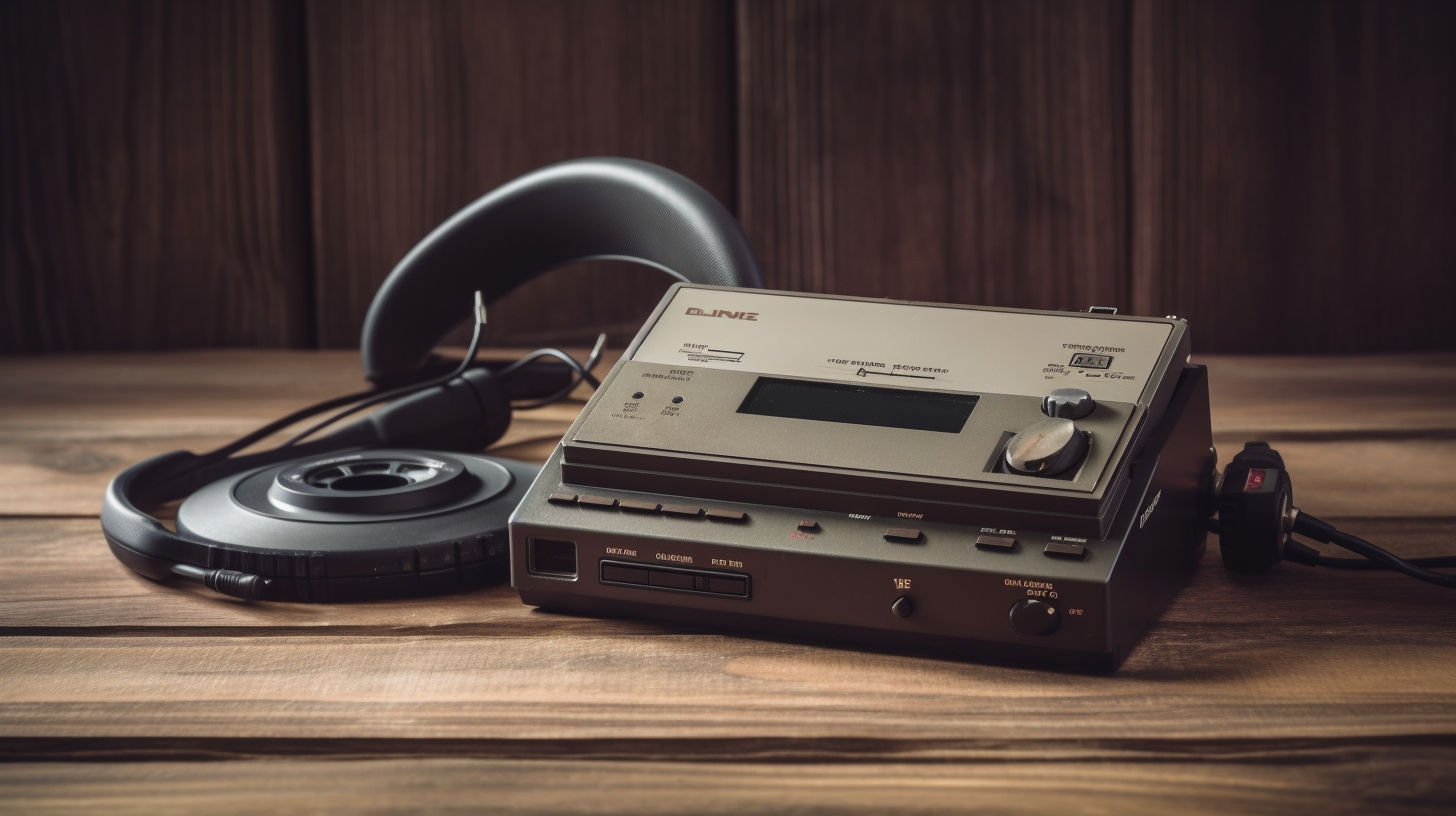 1990s portable cassette player on wooden table with headphones.