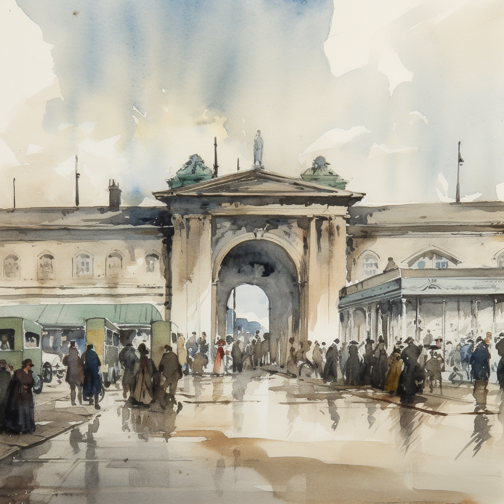 19th century watercolour painting, modern 1960s Preston Bus Station.