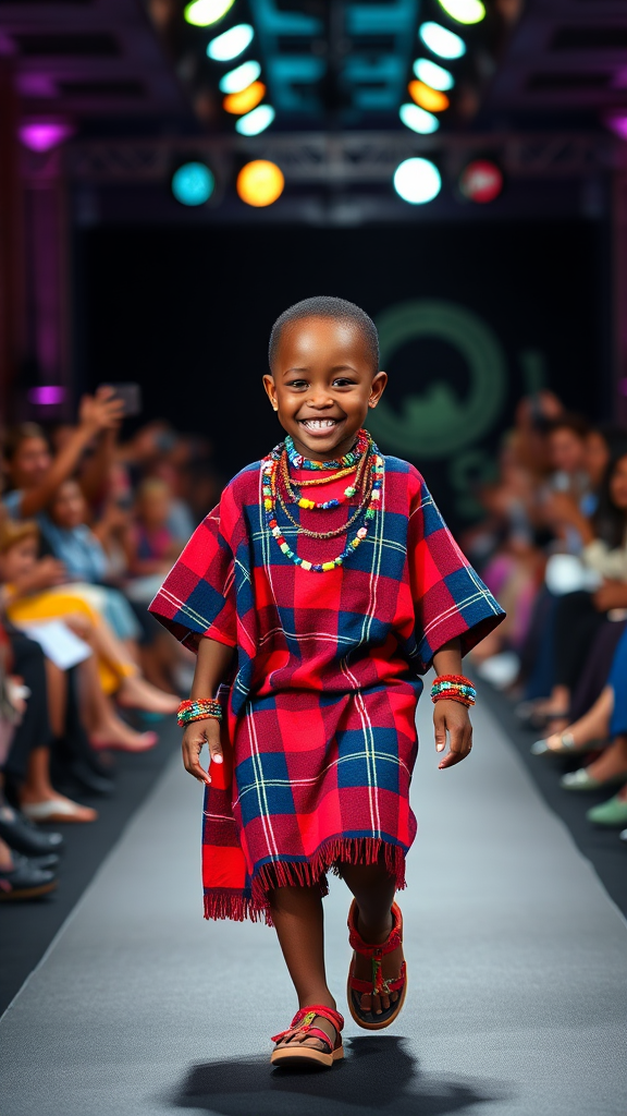 2-year-old Maasai boy in traditional attire strutting confidently.