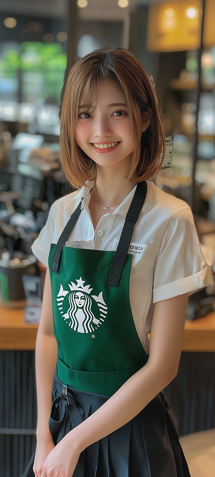 20 year old, top actress face, smiling, neat, Starbucks.