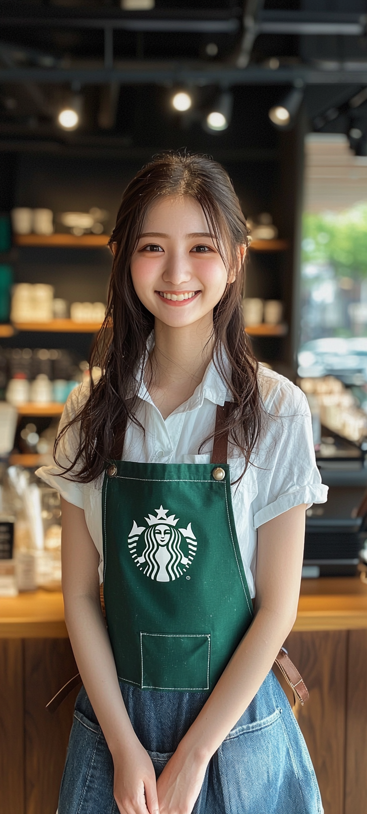 20-year-old Japanese actress, neat Starbucks employee, smiling in apron.