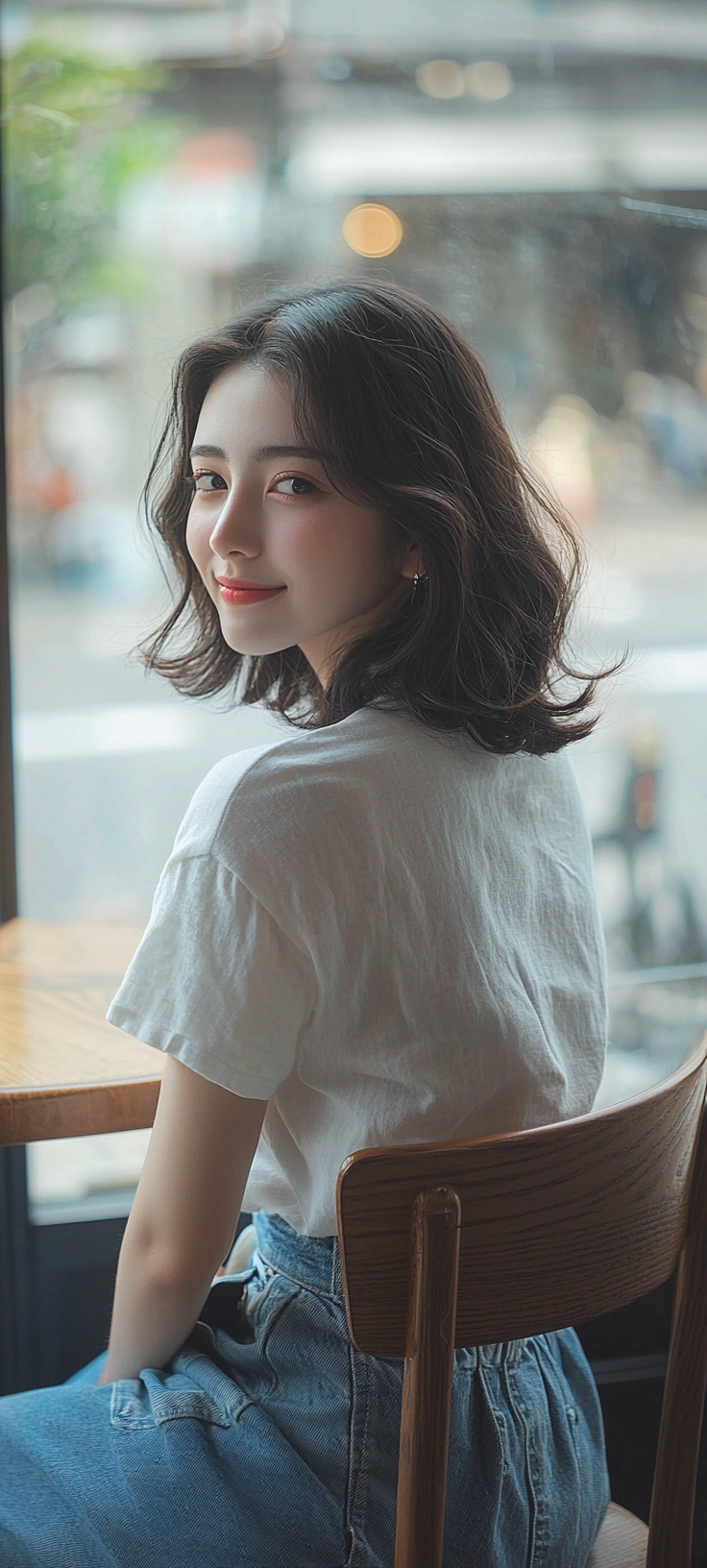 20-year-old Japanese actress with neat, smiling face sitting.