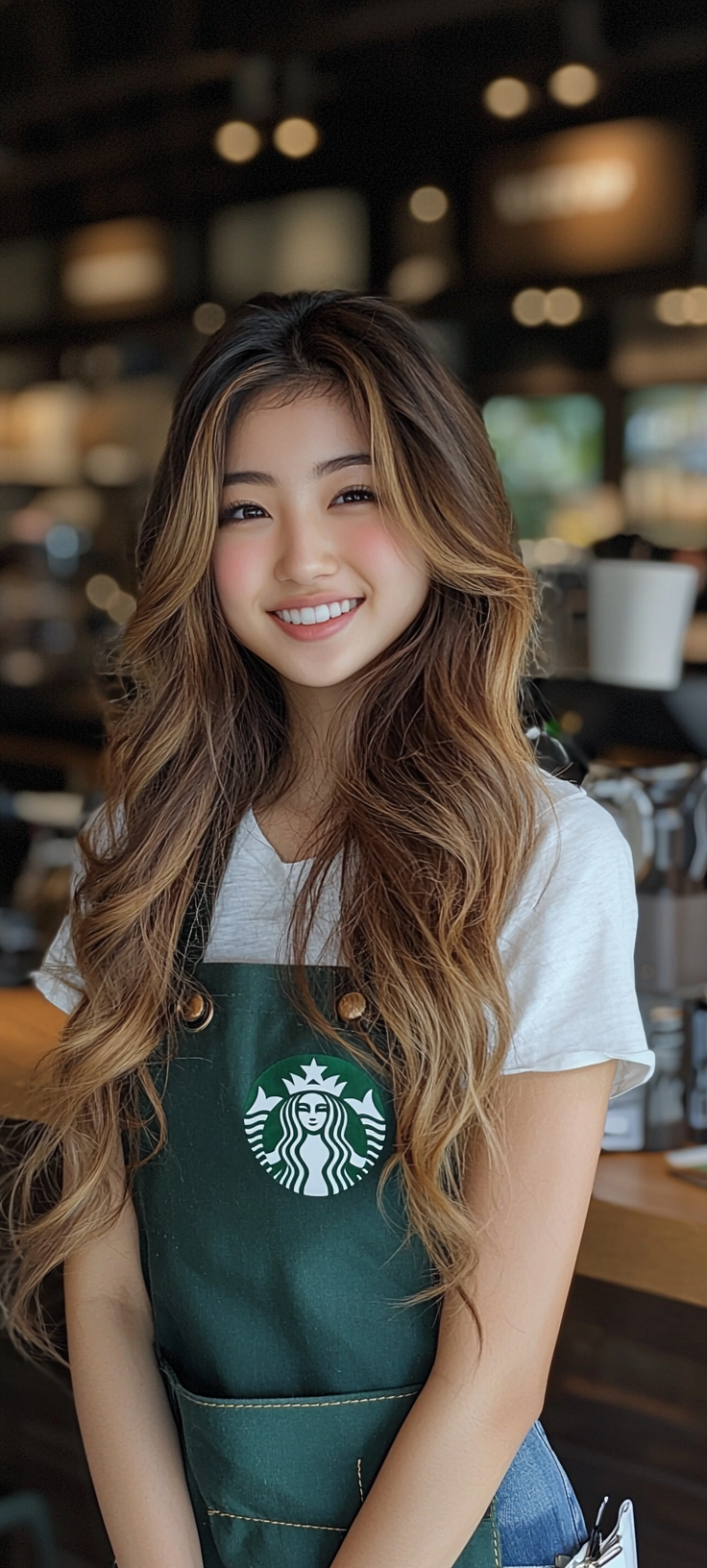 20-year-old Japanese top actress smiling at Starbucks. Star logo.