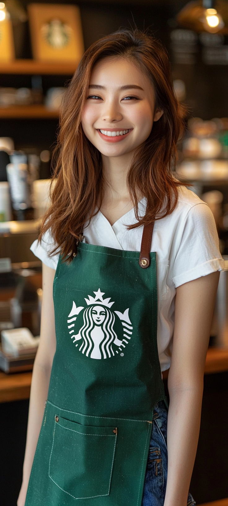 20-year-old top actress working at Starbucks, smiling beautifully.