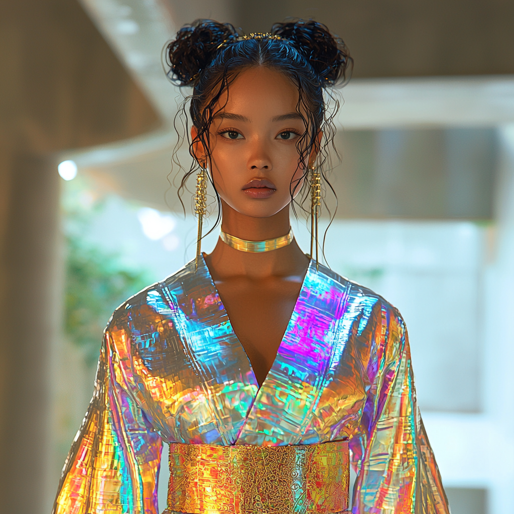 20-year-old woman in futuristic kimono with metallic sheen.