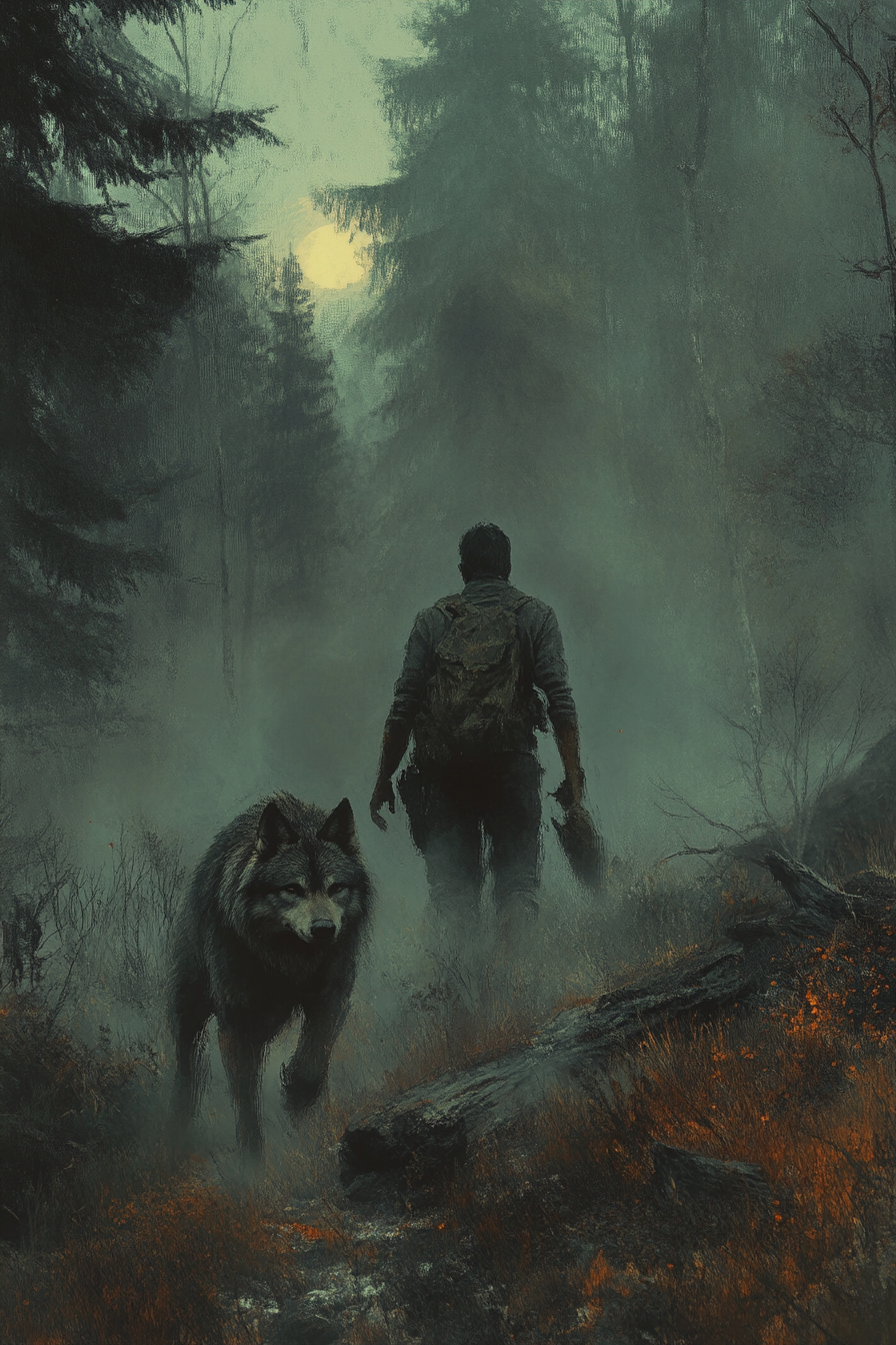 20 years old man with dark hair, grey eyes, big wolf friend, ruined city, post-apocalyptic forest.