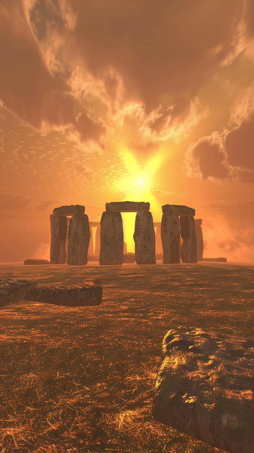 Ancient stone henge sunset field