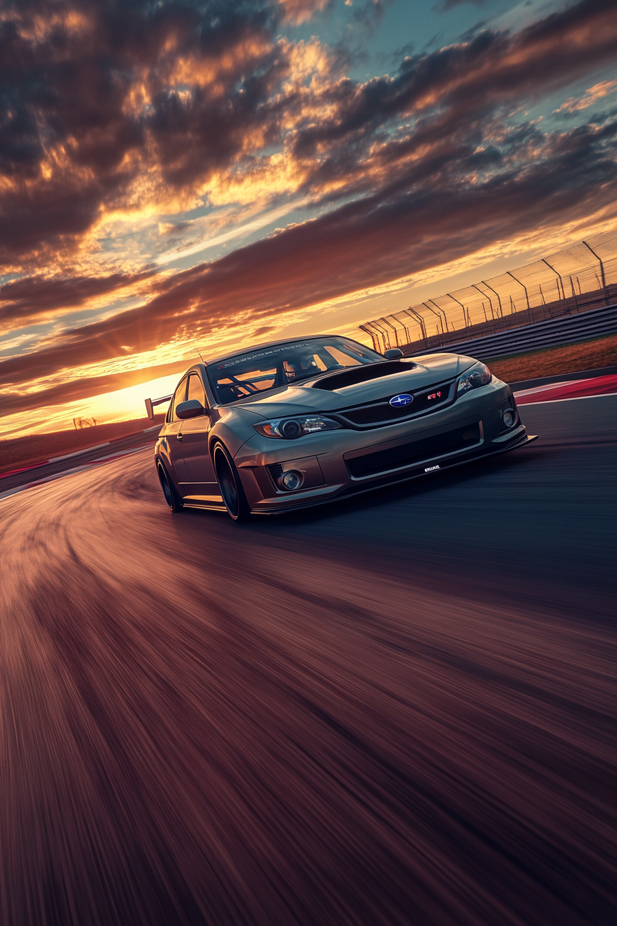 2009 Subaru Impreza WRX STi GH racing at sunset