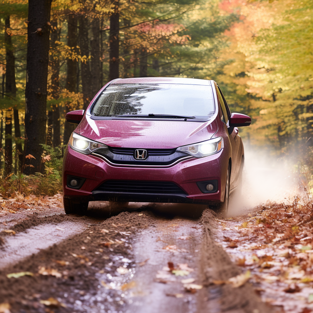 Glamour shot of Honda Fit rallying in forest