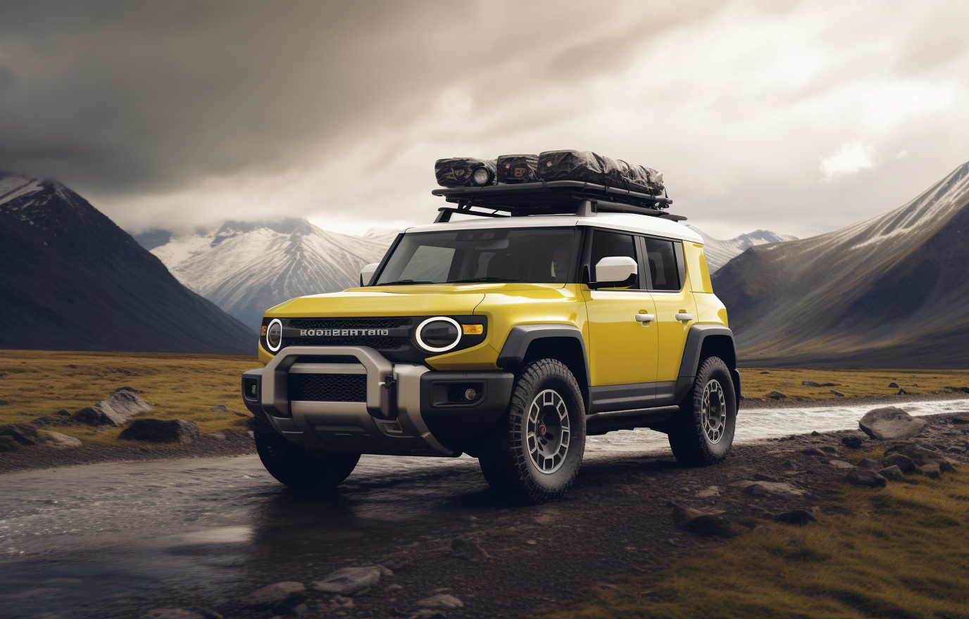 Yellow Toyota FJ Cruiser on rocky mountain trail