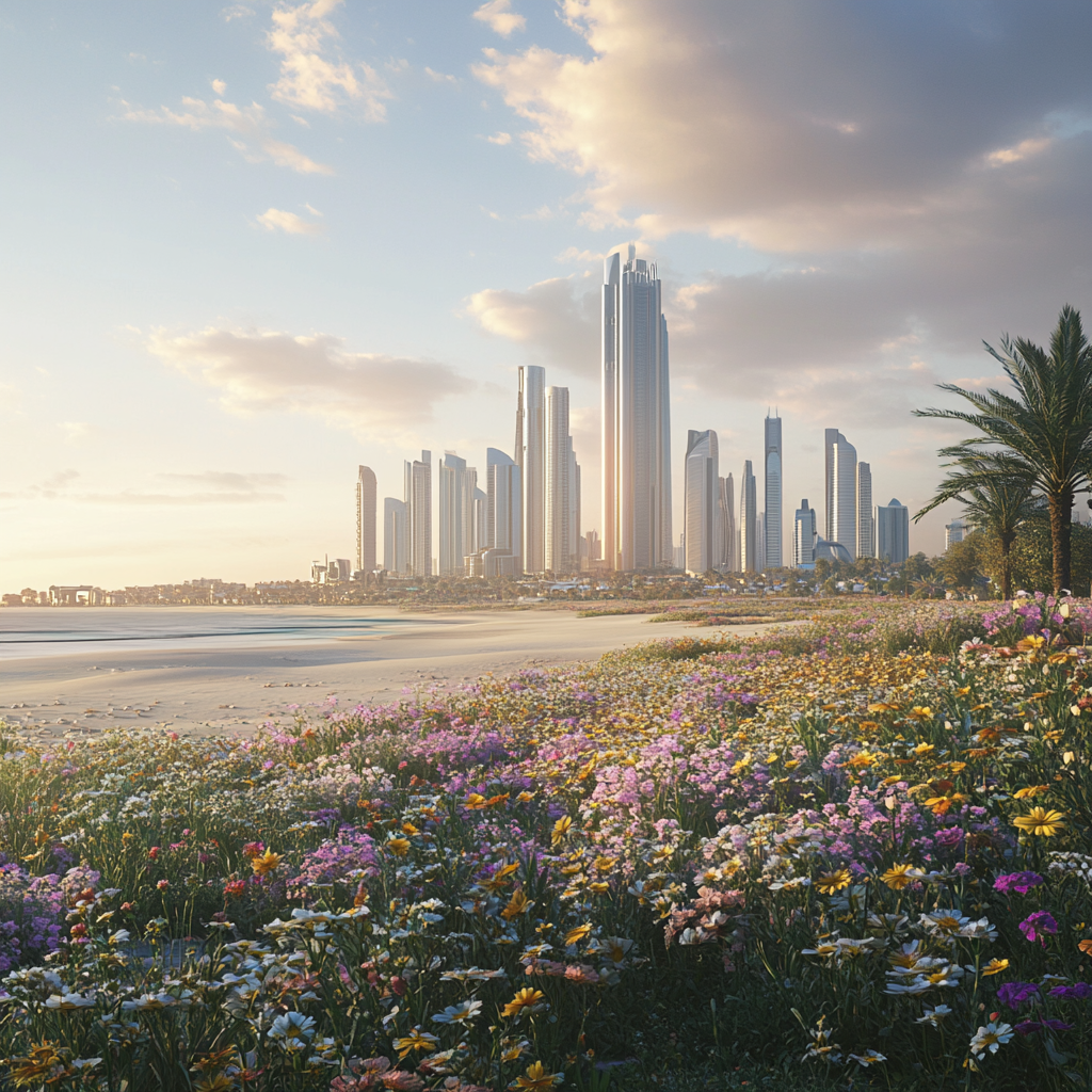 2024 Abu Dhabi city view with sea and desert.