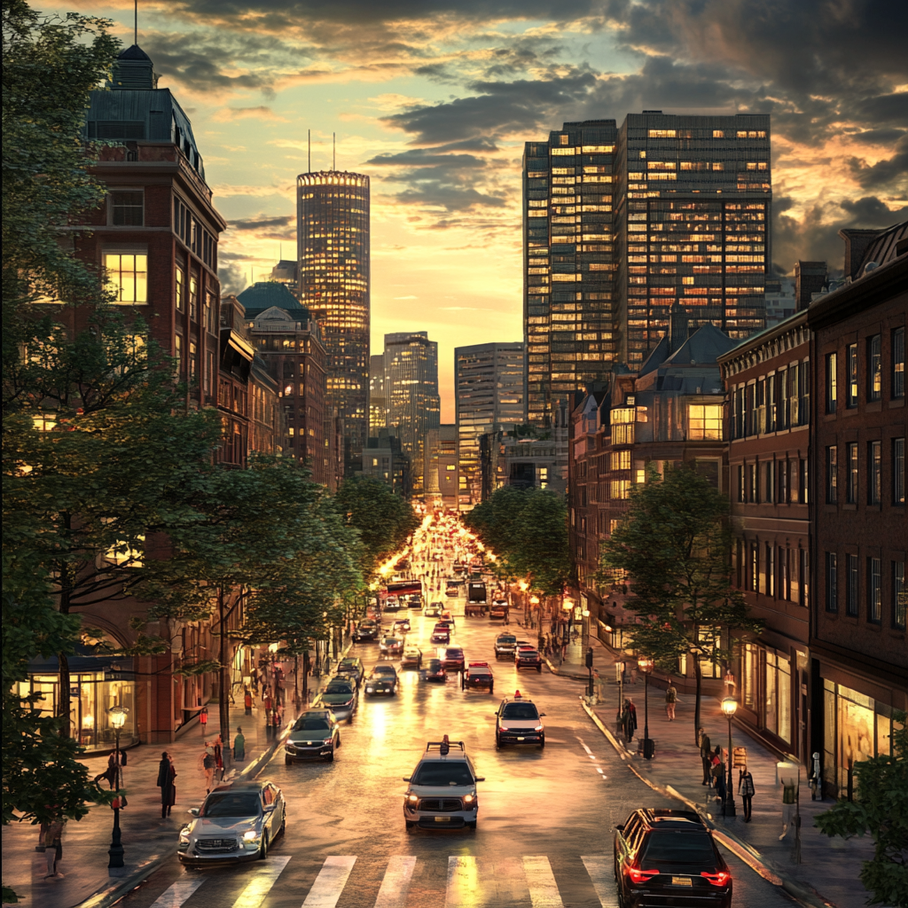 2024 Boston city, realistic, fascinating, creative traffic view.