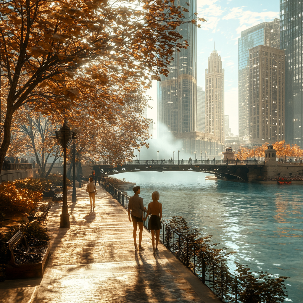 2024 Chicago Cityscape 3D Render with People Walking