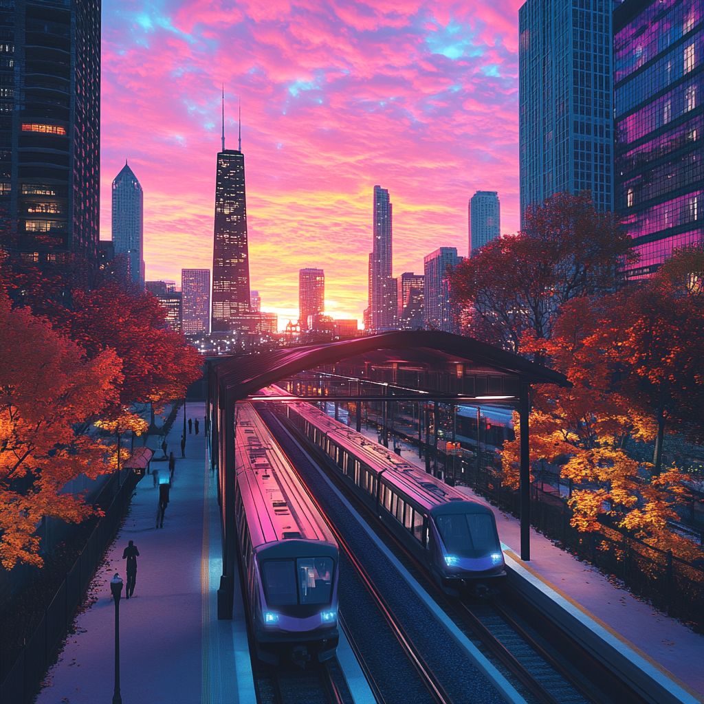 2024 Chicago Cityscape: Realistic 3D Render Sunset