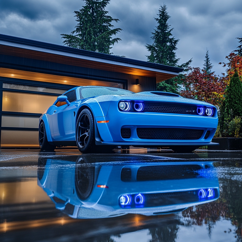 2024 Dodge Challenger Hellcat blue reflects blue lights.