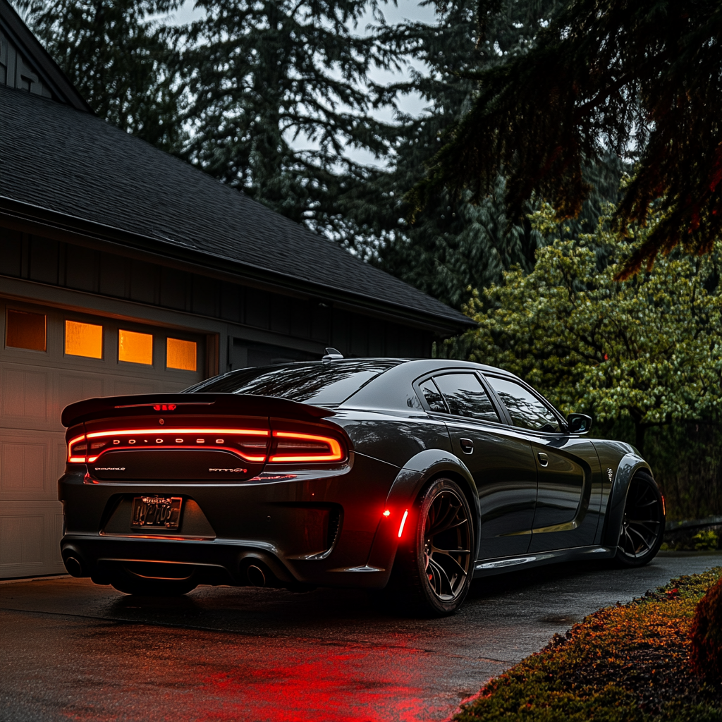 2024 Dodge Charger Hellcat, black, red glow, foggy, parked, Seattle.