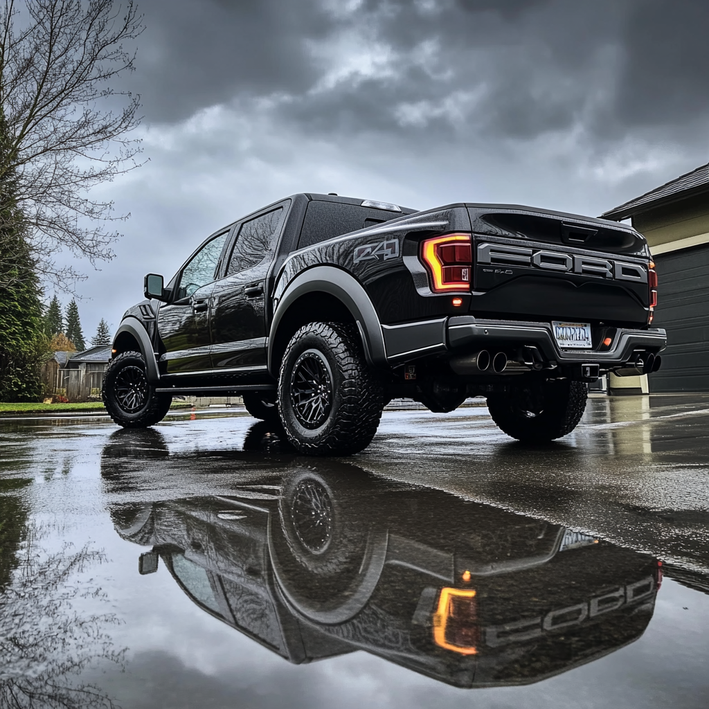 2024 Ford Raptor, flat black, pictures from rear.