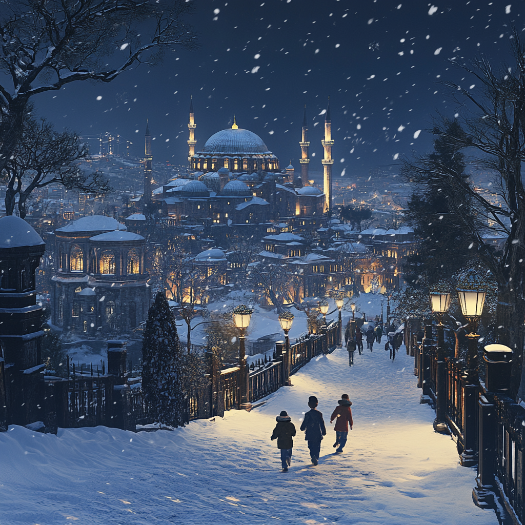 2024 Istanbul Winter Night: Children Running in Old City