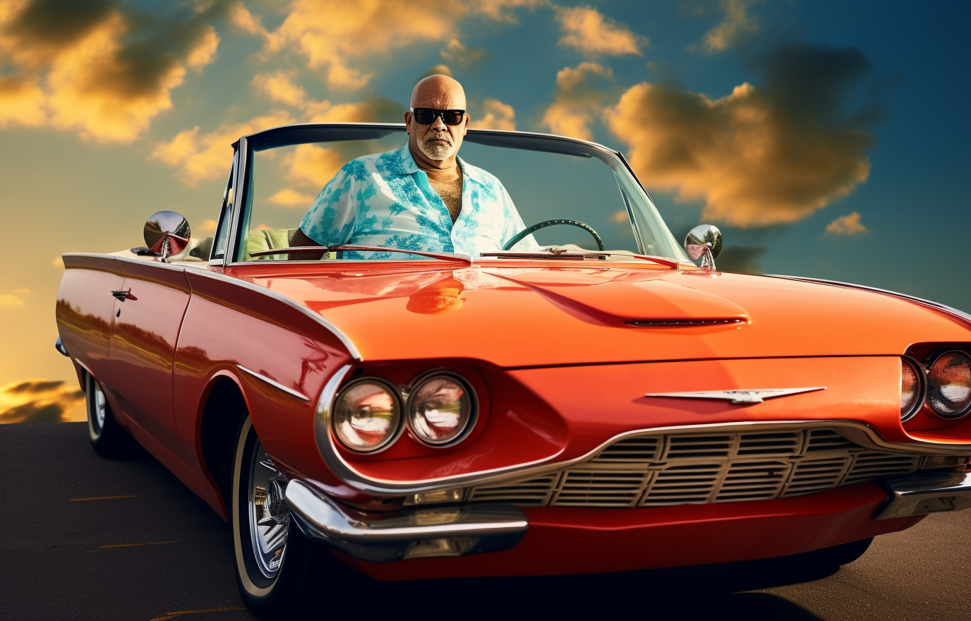 Elderly man enjoying a drive in a Ford Thunderbird Convertible