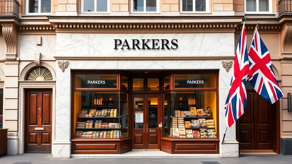 2024 shop 'Parkers' sells English food, with Brit flag.