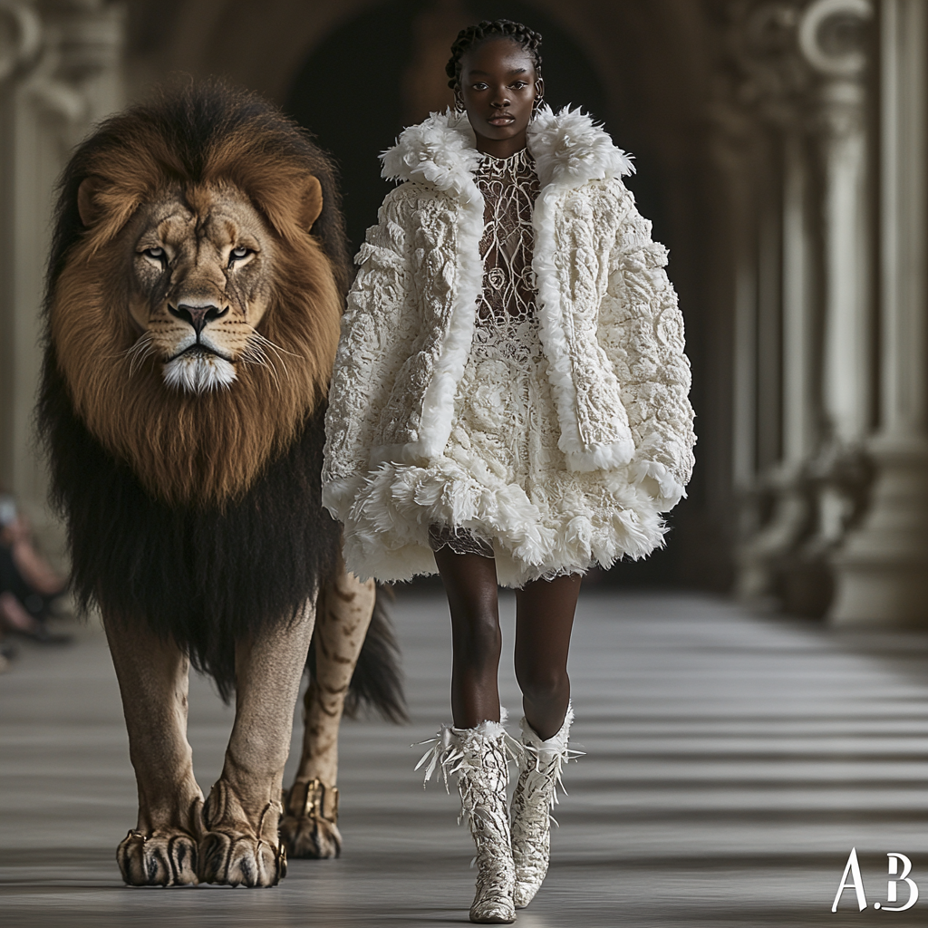 2030s fashion week: model in lace, lion protector.