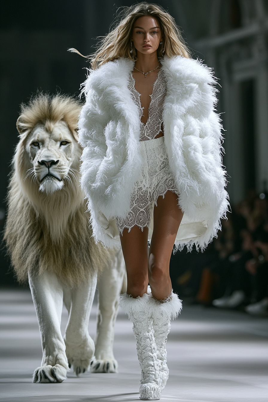 2030s fashion week: model in white jacket, boots, lion.