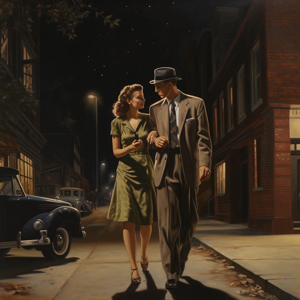 Photorealistic picture of a happy couple walking at night