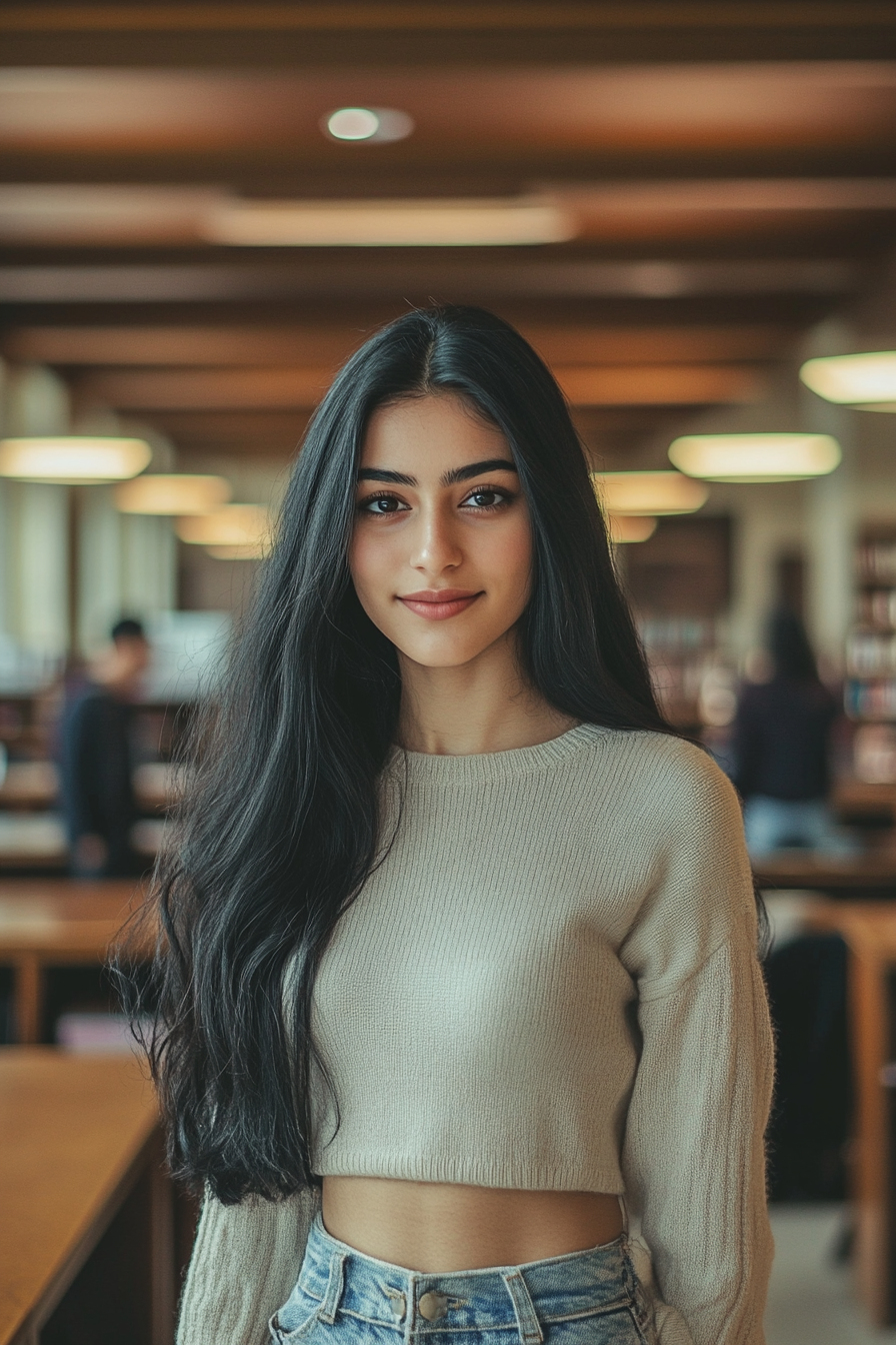 21-year-old Indian supermodel in university library, smiling.