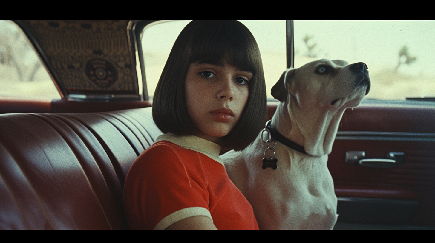 Young girl with brunette bob haircut in vintage car