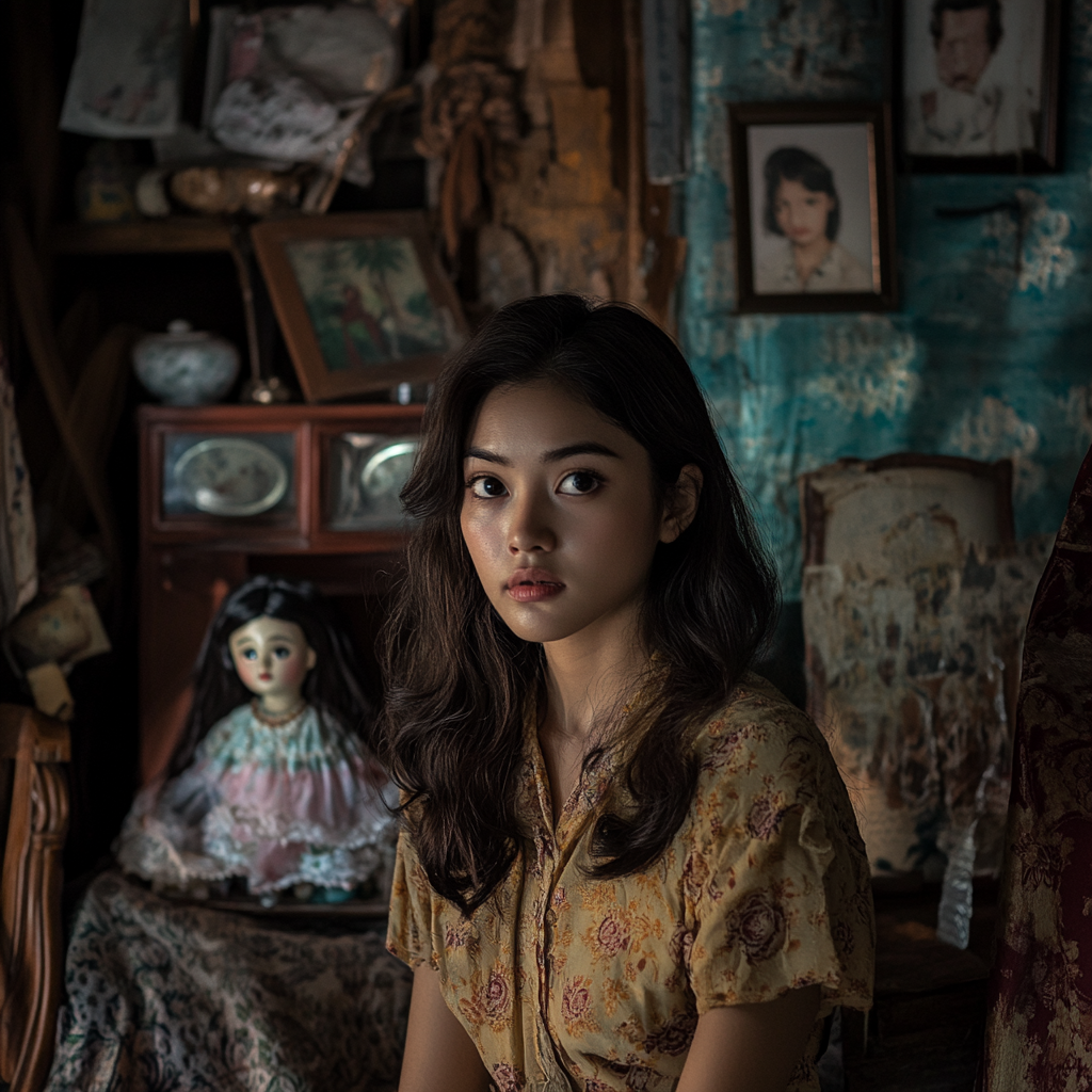 25-year-old Thai woman gazes at nostalgic souvenirs