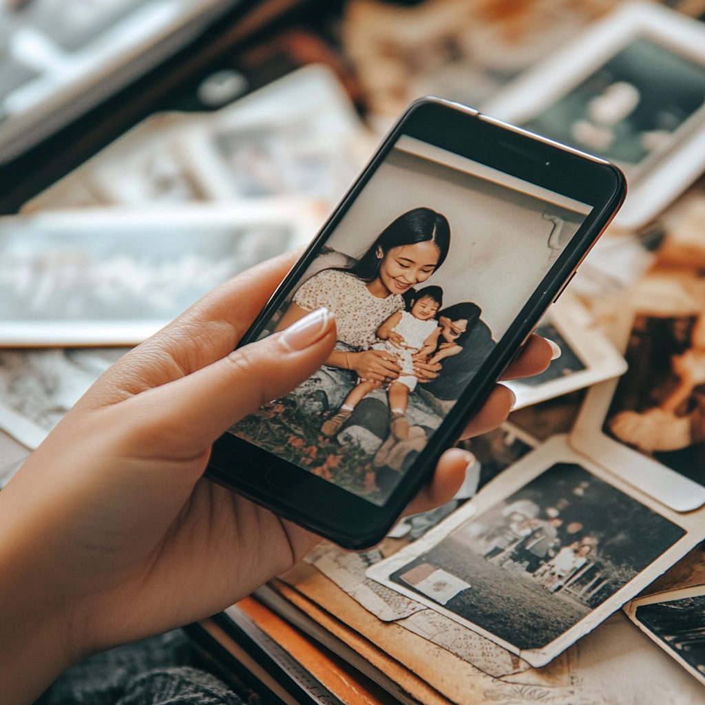 25-year-old Thai woman looking at family photos 