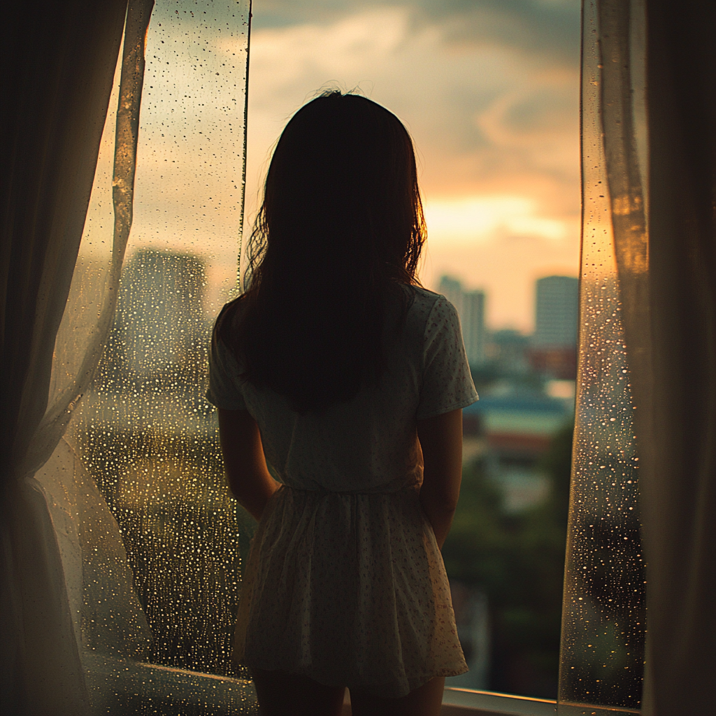 25-year-old Thai woman looking out rainy window