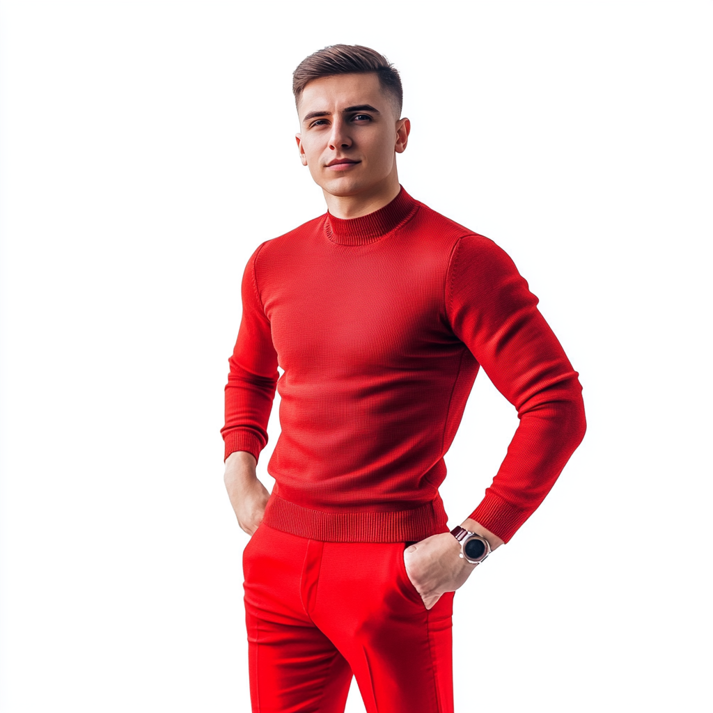 25-year-old man, slim build, red sweater and slacks.