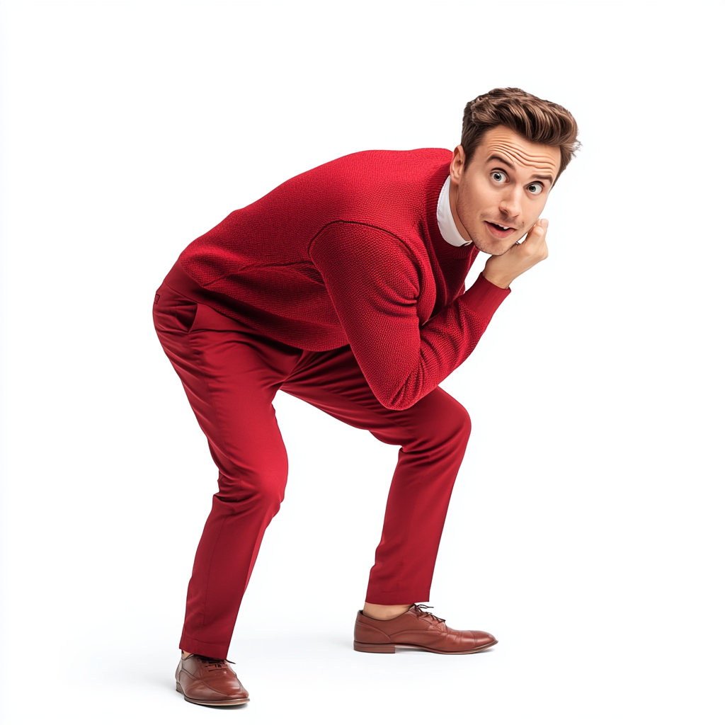 25 year old man in red outfit, leaning excitedly.