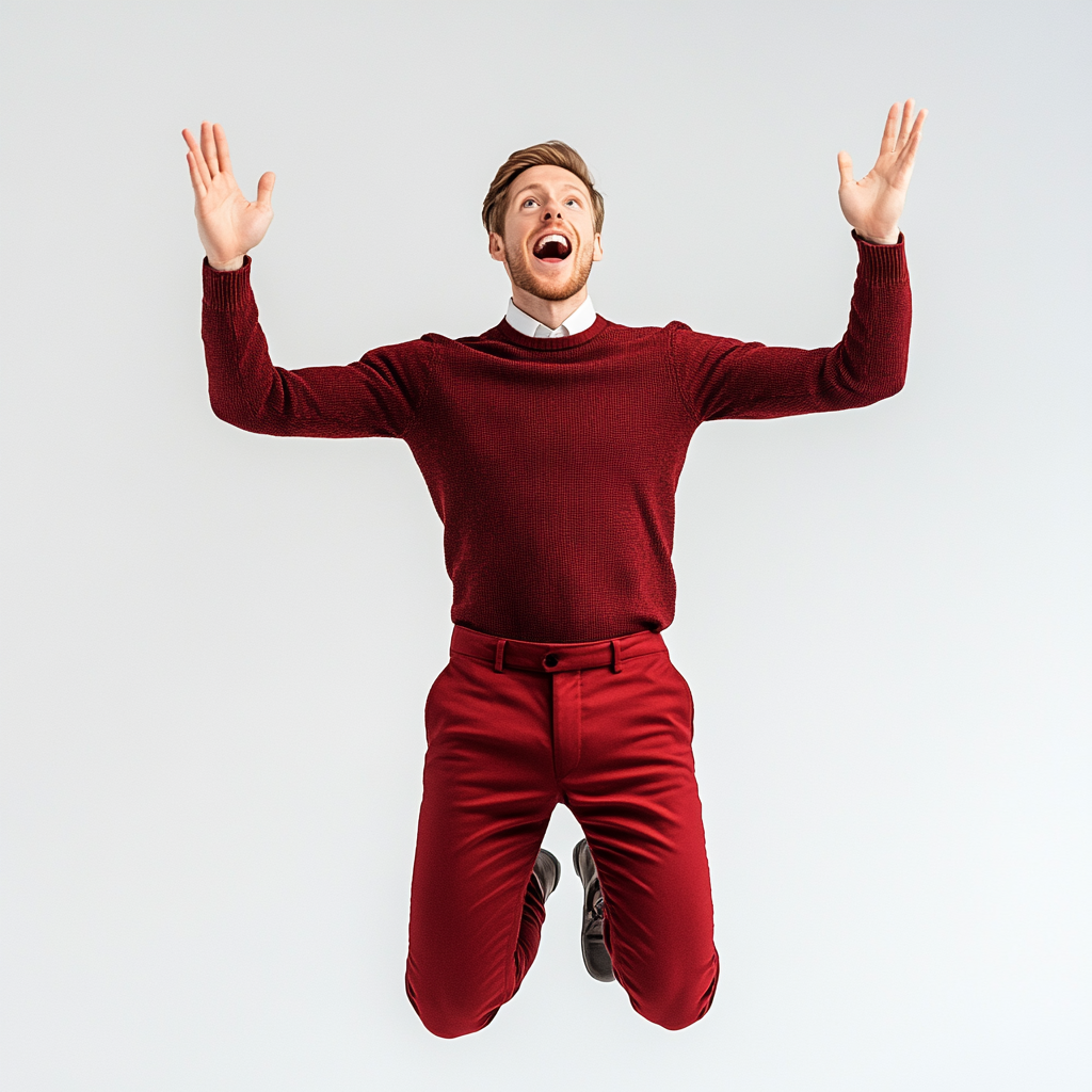 25-year-old man in red outfit looks excited.