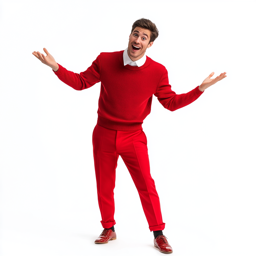 25-year-old man slim build red sweater red slacks excitement.