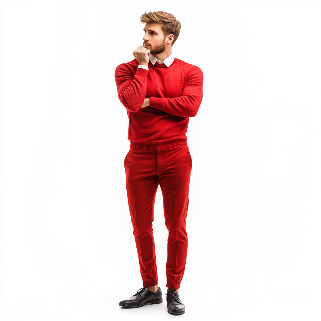 25 year old slim man in red outfit looks interested.