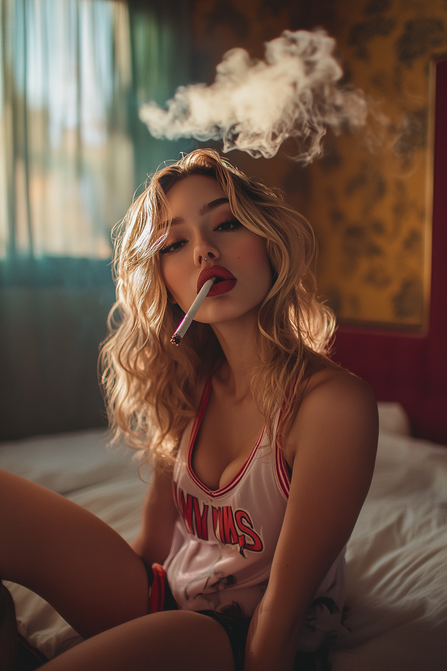 26 Year Old Blonde Girl Smoking Cigarette in LA Bedroom