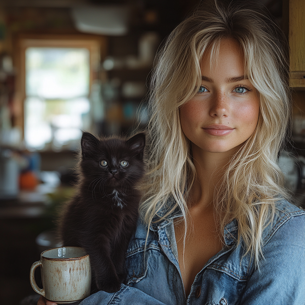 26-year-old blond woman in salon with kitten and tea.