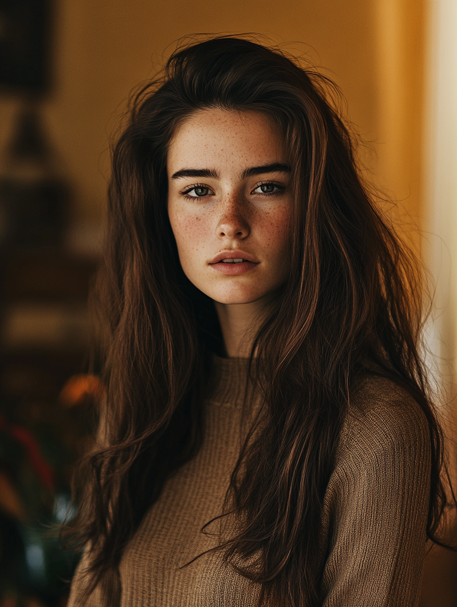 28-Year-Old Woman Gazing Softly at Camera Indoors