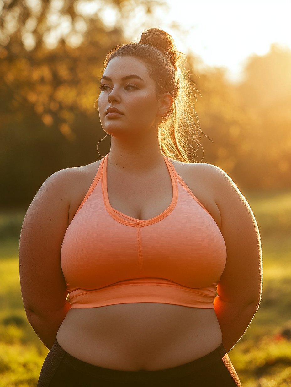 28-year-old chubby woman in sporty outfit at park 